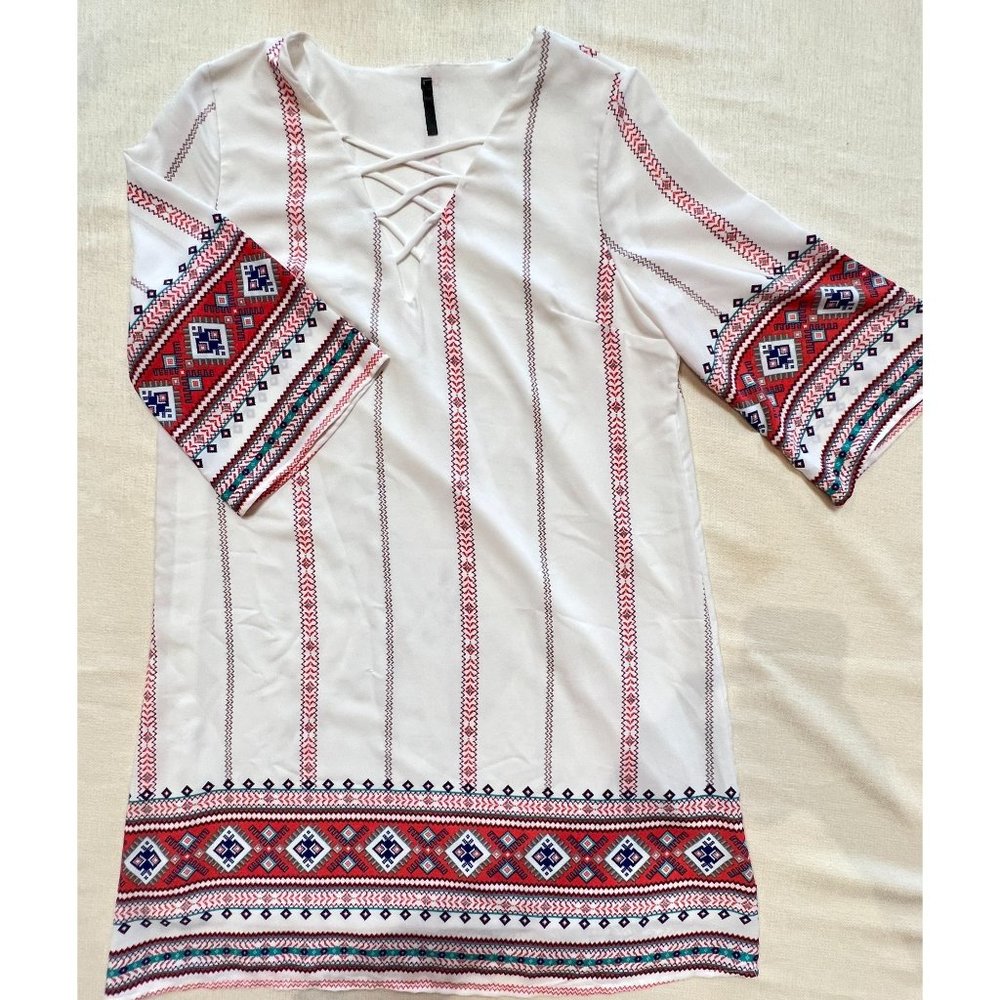 YOYO5 White Tunic Southwestern Print Red/Green/Blue Lined  3/4 Sleeve USA Large